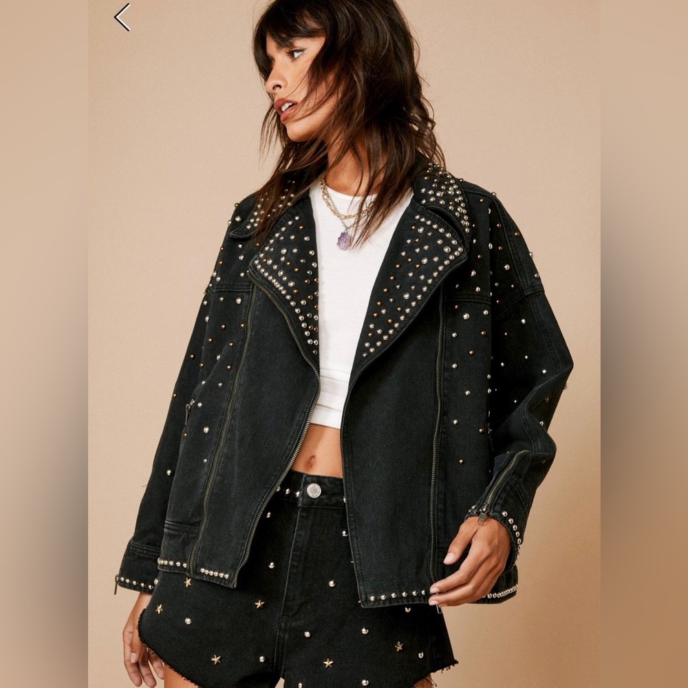 Premium Embellished Studded Denim Moto Jacket - Faded Black - XL
